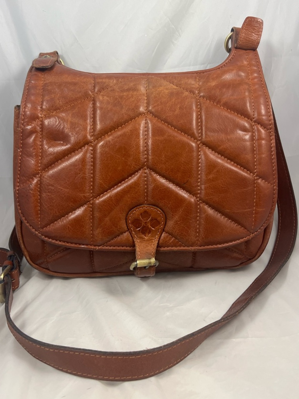 Patricia Nash London Quilted Leather Saddle Crossbody Purse Cognac Brown